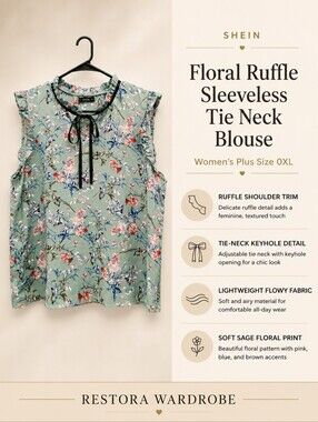 SHEIN Floral Ruffle Sleeveless Tie Neck Blouse Sage Green Plus Size 0XL